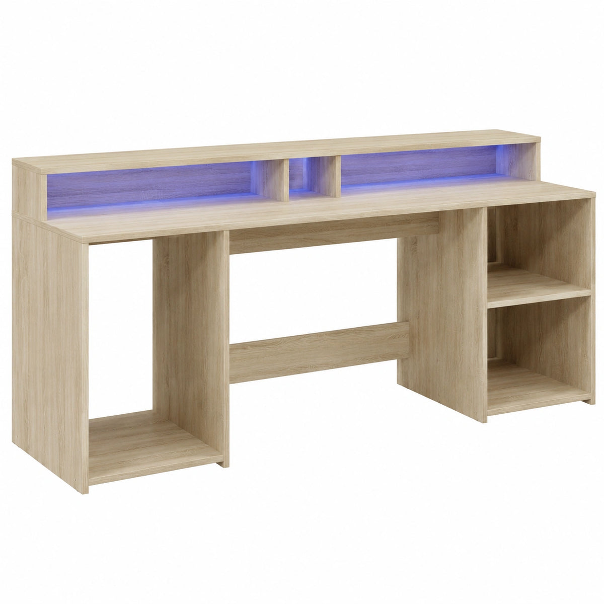 Scrivania Gaming Homgoday con LED e Ripiani, Rovere Sonoma, 200x55x91 cm, Truciolato