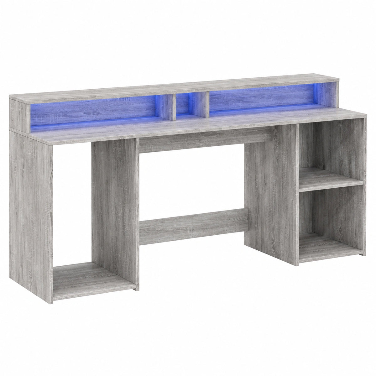 Scrivania con LED Grigio Sonoma 200x55x91cm, Mobile Multifunzionale Salvaspazio