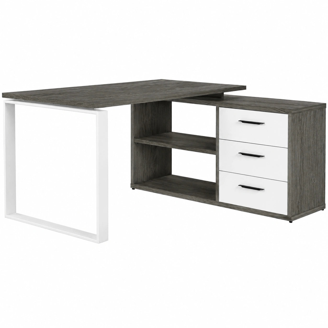 Scrivania Angolare con 3 Cassetti e Libreria, Rovere Sonoma e Bianco Laccato
