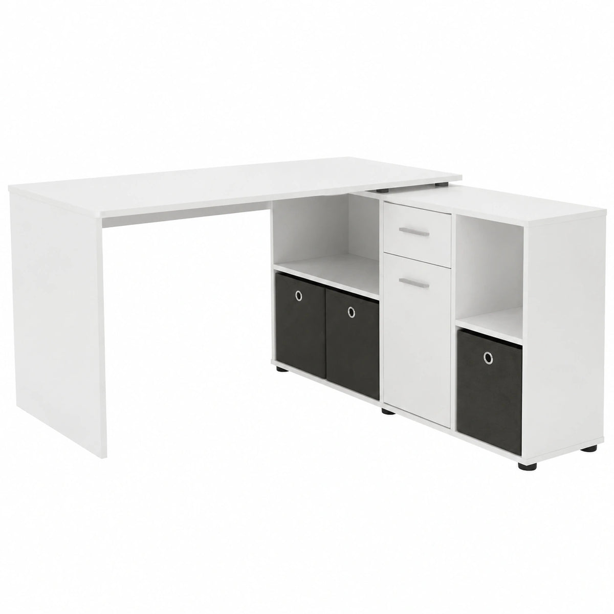 Scrivania Angolare Reversibile con Portacassetti e Scomparti, Legno Bianco 66,5x136x74 cm