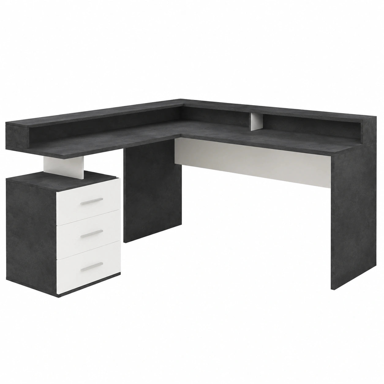 Scrivania Angolare Moderna con Cassetti e Ripiani Aperto 180x160 cm Bianco Lucido e Grigio