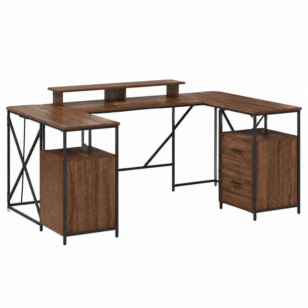 Scrivania angolare L con cassetti e vani, finitura rovere, 182x101x87,5 cm, ideale per PC e gaming