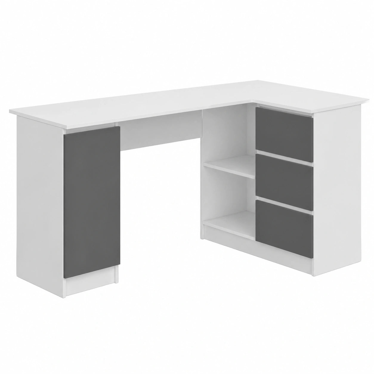 Scrivania angolare moderna AKORD B-20, 3 cassetti e vano con anta, bianco e grigio grafite