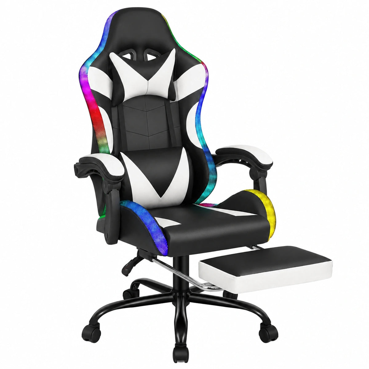 Sedia da Gaming Ergonomica con Massaggio e LED, Schienale Regolabile 90-150°, Altezza e Supporto Lombare Regolabili, Similpelle Bianca