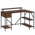 Scrivania angolare L con cassetto e ripiano, effetto quercia, 120x79x86,5 cm, ideale per ufficio e gaming