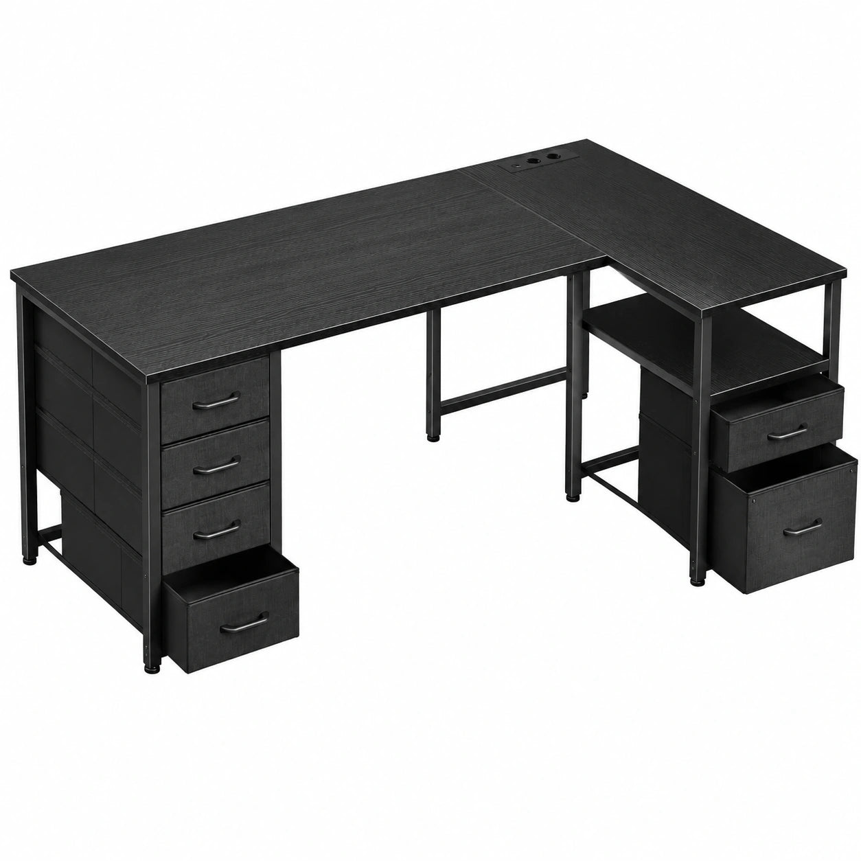 Scrivania Angolare Coleshome con Cassetti in Tessuto, 140x80cm, Reversibile e Dotata di Porta USB e Presa Elettrica, Colore Nero