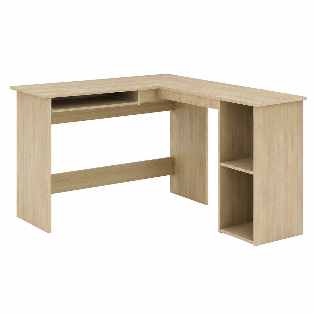 Scrivania Angolare a L con Ripiano Tastiera e Ripiani Aperti, 120x140x75 cm, Legno Rovere Sonoma per Ufficio e Studio