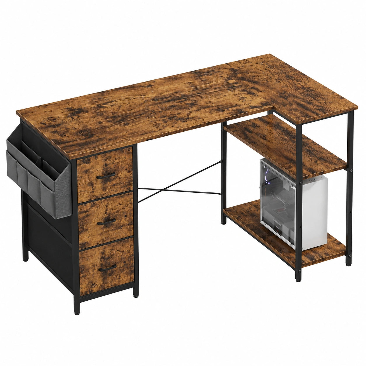 Scrivania Angolare HLONONE con Cassetti in Tessuto, 120x80 cm, Spazio di Archiviazione Funzionale