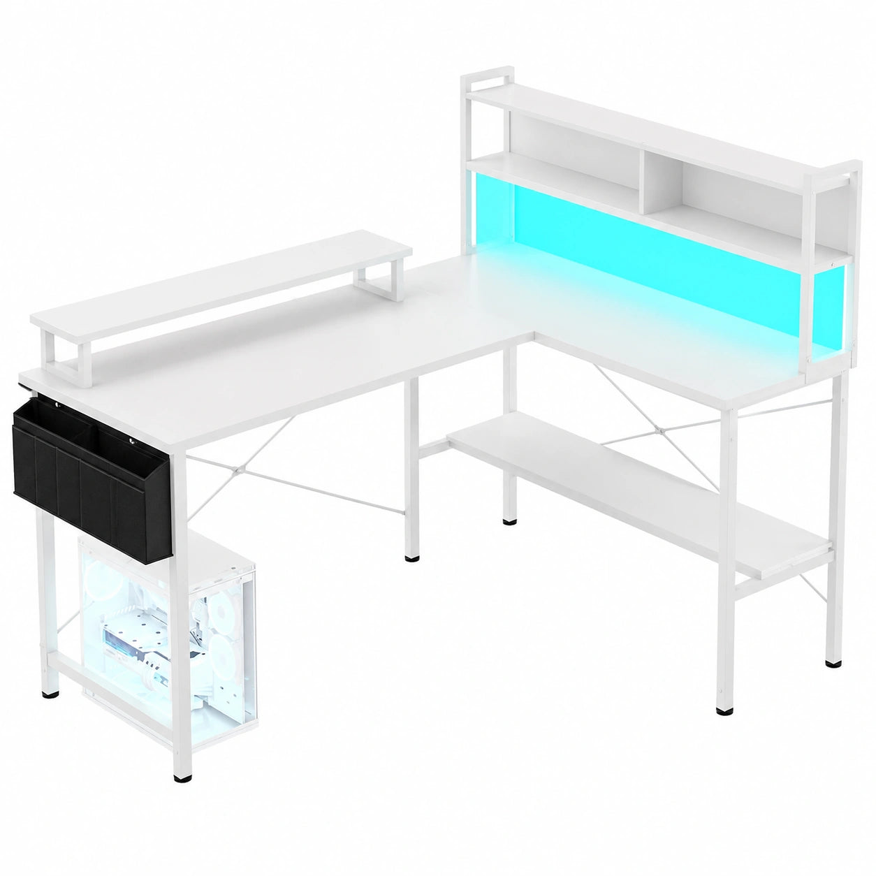 Scrivania da Gioco ad L con LED e Prese Elettriche, Bianco, Supporto Monitor e Mensole
